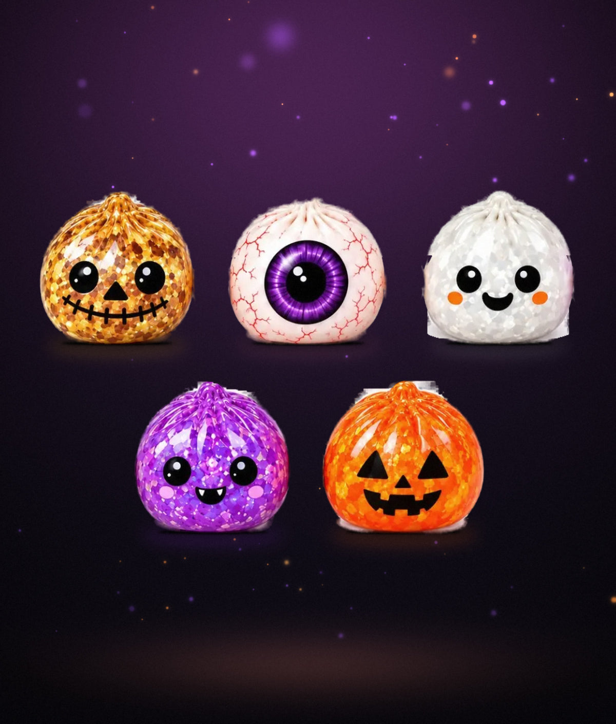 Alle fünf Halloween Squishy Motive: Kürbis gold, Auge, Geist, Monster lila, Kürbis orange